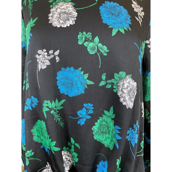 Floral Print Vince Camuto Long Sleeve Fold Over Hem Black/Green/Blue Top NWOT M - Picture 2 of 8